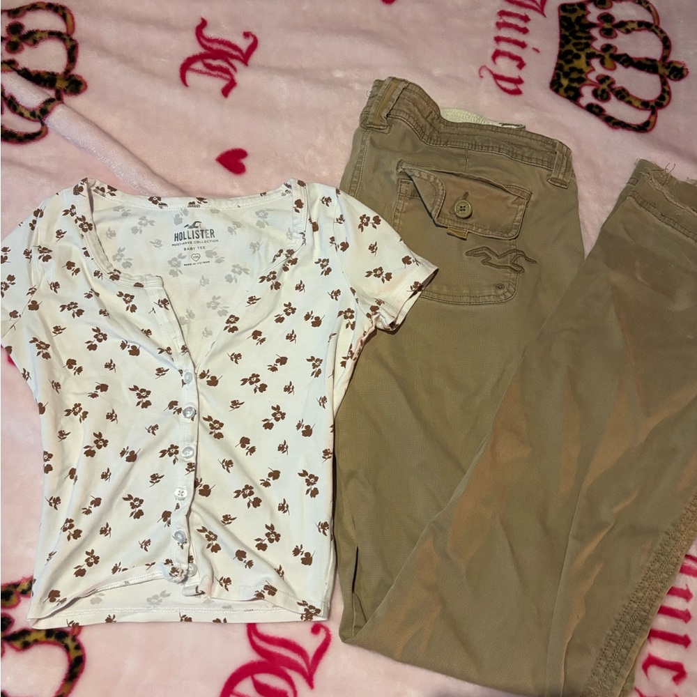 Hollister White Floral Top and Tan Pants